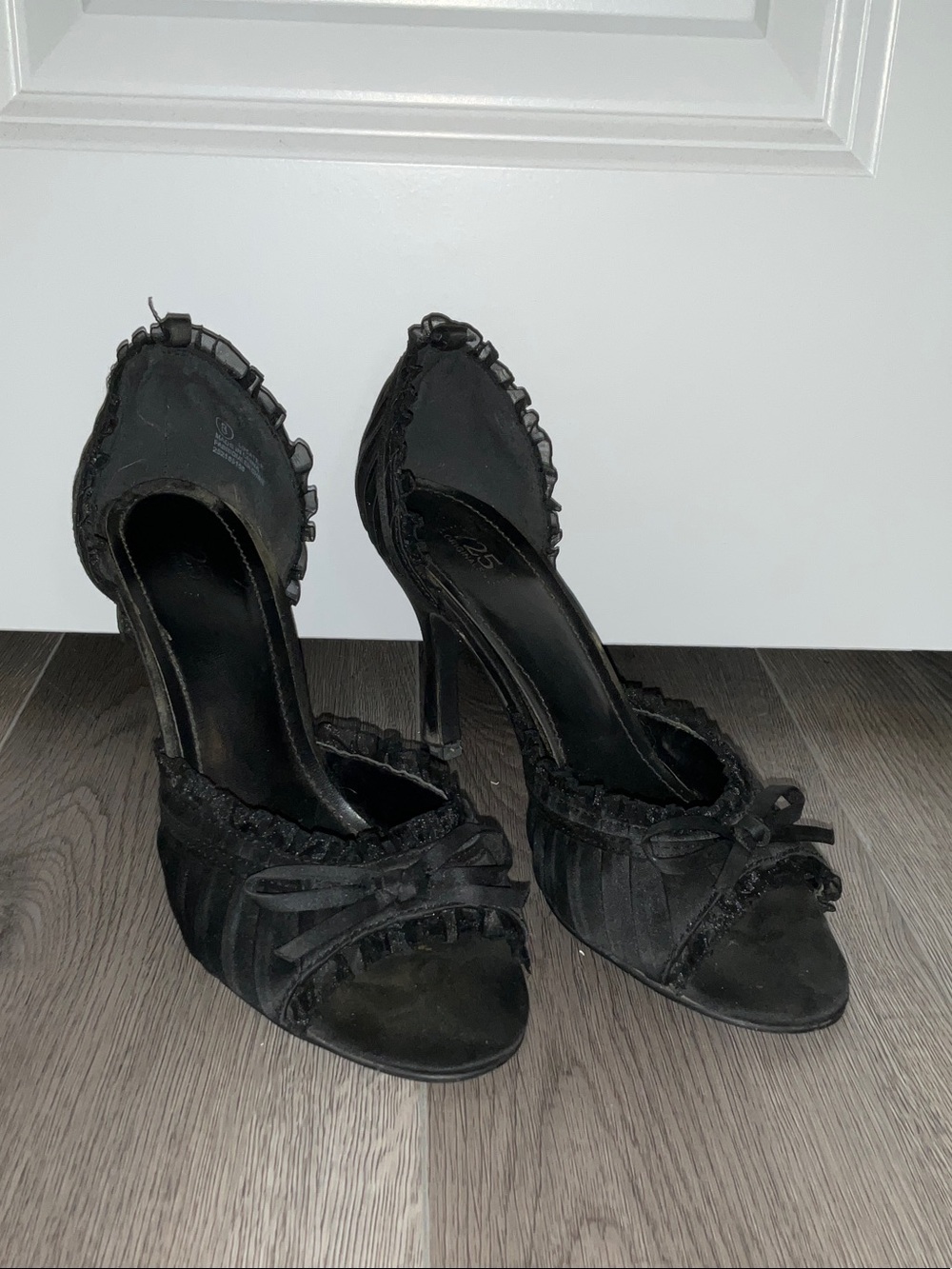 Black Ruffle Peep-Toe Stiletto Heels with Bow Detail